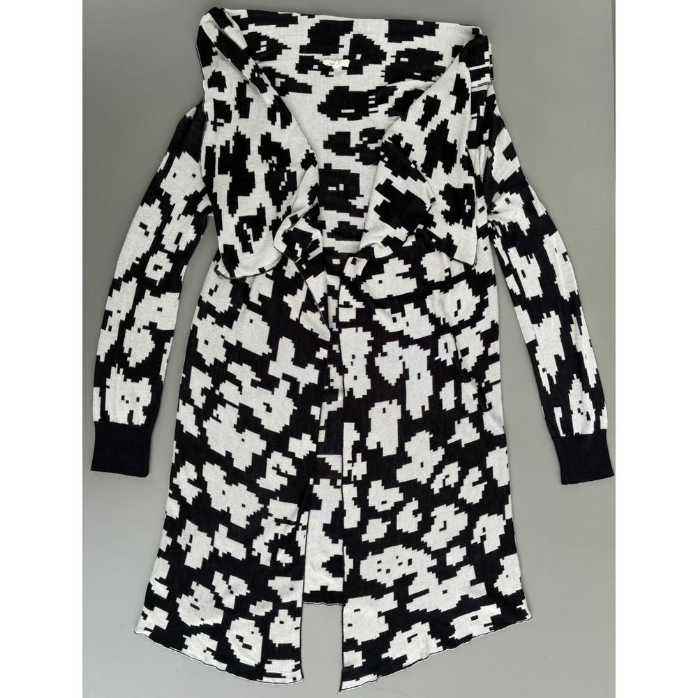 Mystree Black White Pixelated Abstract Draped Open Front Cardigan Sweater S/M